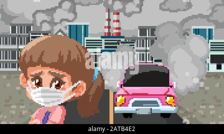 Scene with cars and factory buildings making dirty smoke in the city illustration Stock Vector