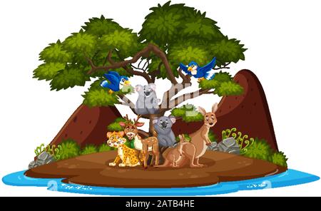 Scene with wild animals on the island illustration Stock Vector