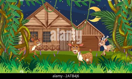 Scene with wooden house in the forest at night illustration Stock Vector