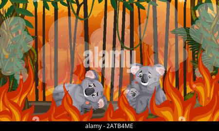 Scene with big wildfire with animal trapped in the forest illustration Stock Vector