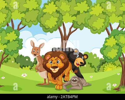 Scene with many wild animals in the forest illustration Stock Vector
