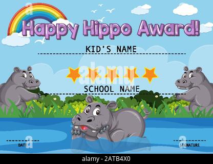 Certificate template for happy award with hippo in the park illustration Stock Vector