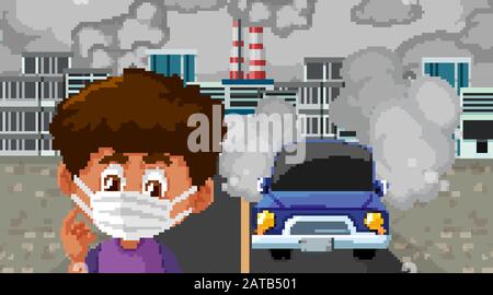 Scene with cars and factory buildings making dirty smoke in the city illustration Stock Vector