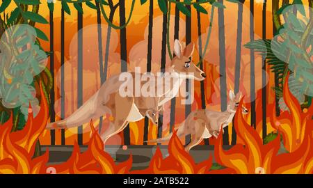 Scene with big wildfire with animal trapped in the forest illustration Stock Vector