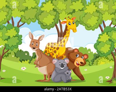 Scene with many wild animals in the park illustration Stock Vector