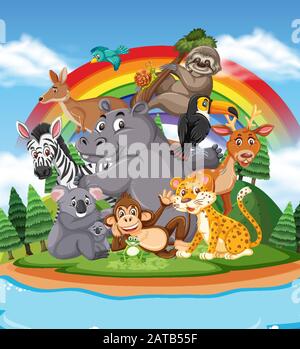 Scene with many wild animals in the park illustration Stock Vector