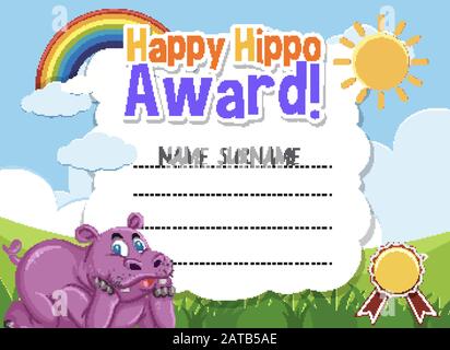 Certificate template for happy award with hippo in background illustration Stock Vector