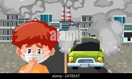 Scene with cars and factory buildings making dirty smoke in the city illustration Stock Vector