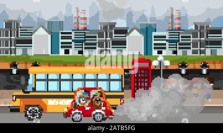 Scene with cars and factory buildings making lots of smoke illustration Stock Vector