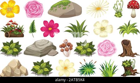 Set of isolated objects theme - flowers and rocks illustration Stock Vector