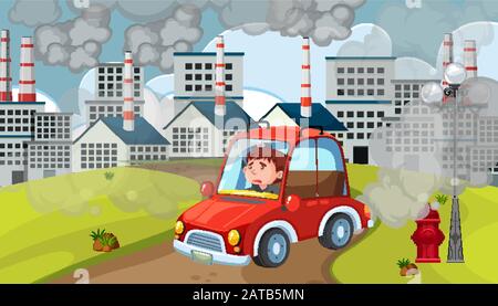 Scene with cars and factory buildings making dirty smoke in the city illustration Stock Vector