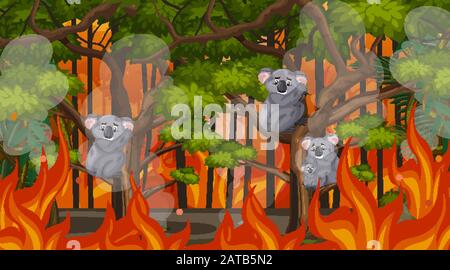 Scene with big wildfire with animal trapped in the forest illustration Stock Vector
