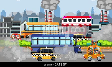 Scene with cars and factory buildings making dirty smoke in the city illustration Stock Vector