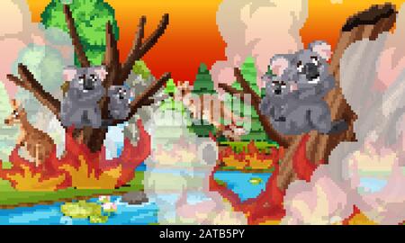 Scene with big wildfire with animal trapped in the forest illustration Stock Vector