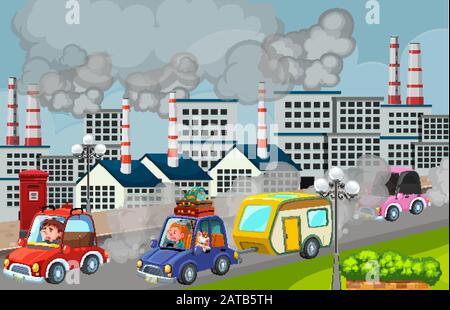 Scene with cars and factory buildings making dirty smoke in the city illustration Stock Vector