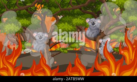 Scene with big wildfire in the forest  illustration Stock Vector