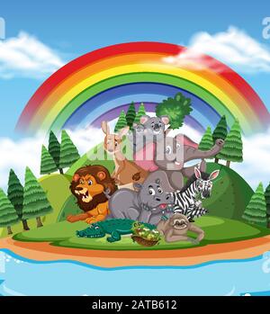 Scene with many wild animals in the park illustration Stock Vector