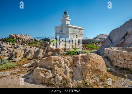 Lighthouse, granite formations at Capo Testa, near Santa Teresa di Gallura, Gallura region, Sassari province, Sardinia, Italy Stock Photo