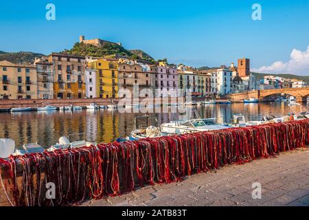 The old town of the village of Bosa situated on the river Temo in Sardinia Stock Photo