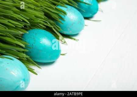 Easter eggs in fresh green grass. On white background Stock Photo