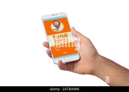 Food online order and delivery app. Man hand holding a mobile phone, Food delivery order online on the screen screen isolated against white background Stock Photo