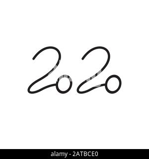 Happy new year 2020 text design. Hand-draw vector greeting illustration. Card. Doodle. Print. Black and white version. Stock Vector