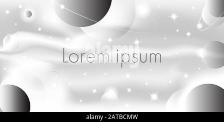 Abstract black and white space, star and planets with rings background. Horizontal template for presentation, poster, brochure, flyer, backdrop. Stock Vector