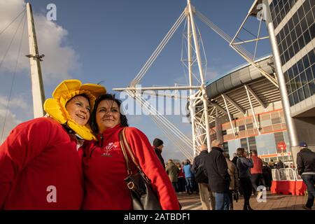 Cardiff, Wales, UK. 1st February, 2020. Six Nations Rugby, Welsh and Italian Rugby supporters enjoy the start of the Six Nation’s Rugby Union Championship at the Principality Stadium in Cardiff, Wales. Credit: Haydn Denman/Alamy Live News Stock Photo