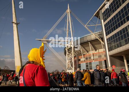 Cardiff, Wales, UK. 1st February, 2020. Six Nations Rugby, Welsh and Italian Rugby supporters enjoy the start of the Six Nation’s Rugby Union Championship at the Principality Stadium in Cardiff, Wales. Credit: Haydn Denman/Alamy Live News Stock Photo