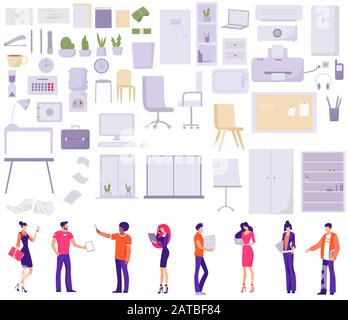 Set of business characters working in office and objects Stock Vector