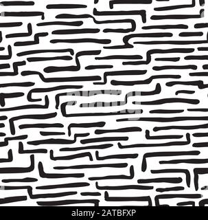 Hand made vector seamless abstract black strokes pattern on white background. Marker grunge scribble strokes with rounded edges. Hatching drawing for Stock Vector
