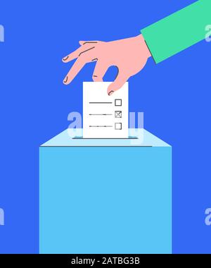 Voting concept. Flat line vector illustration of male hand putting ballot paper with candidates list and mark into ballot box. Voter makes choice on e Stock Vector