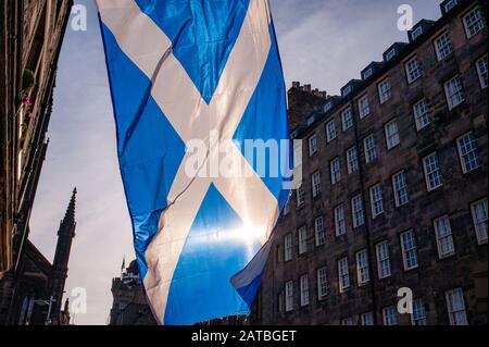 Scottish flag Saltire. Edinburgh cityscape/travel photograph by Pep Masip. Stock Photo