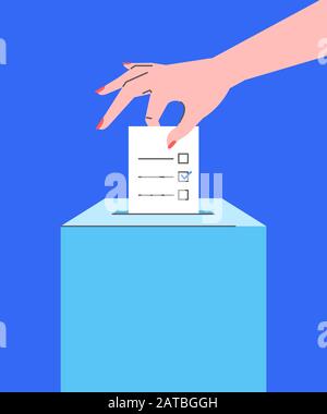 Voting concept. Flat line vector illustration of female hand putting ballot paper with candidates list and mark into ballot box. Voter makes choice on Stock Vector