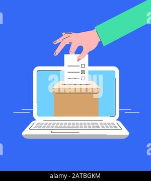 Electronic voting concept. Flat line vector illustration of male hand putting marked ballot paper into ballot box on computer screen. Voter makes choi Stock Vector