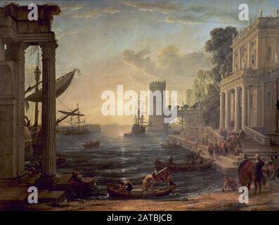 Seaport with the Embarkation of the Queen of Sheba - 1648 - 148,6x193,7 cm - oil on canvas. Author: CLAUDE LORRAIN. Location: NATIONAL GALLERY. LONDON. ENGLAND. REINA DE SABA. Stock Photo