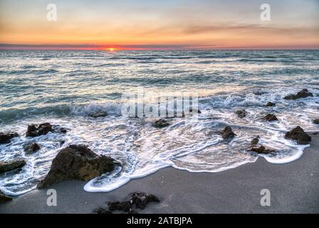 Sunset over Gulf of Mexico from Caspersen Beach in Venice Florida Stock Photo