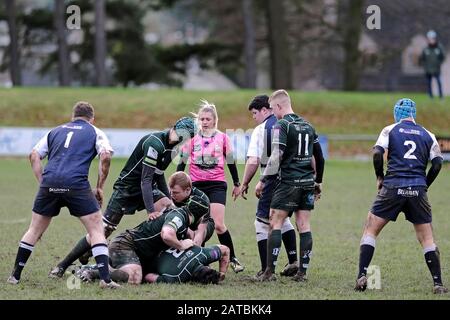 Selkirk, Selkirk RFC, Philiphaugh, UK. , . Booker Border League - Rugby Caption: Selkirk RFC vs Hawick RFC at Philiphaugh, Selkirk on Saturday 01 February 2020. A local derby clash. Not a day for running rugby, with a heavy pitch but visitors Hawick taking the win 13-7 ( Credit: Rob Gray/Alamy Live News Stock Photo