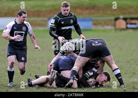 Selkirk, Selkirk RFC, Philiphaugh, UK. , . Booker Border League - Rugby Caption: Selkirk RFC vs Hawick RFC at Philiphaugh, Selkirk on Saturday 01 February 2020. A local derby clash. Not a day for running rugby, with a heavy pitch but visitors Hawick taking the win 13-7 ( Credit: Rob Gray/Alamy Live News Stock Photo