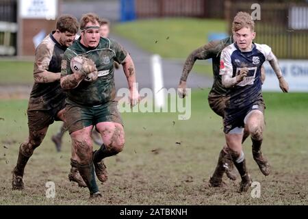 Selkirk, Selkirk RFC, Philiphaugh, UK. , . Booker Border League - Rugby Caption: Selkirk RFC vs Hawick RFC at Philiphaugh, Selkirk on Saturday 01 February 2020. A local derby clash. Matt Carryer [18](Hawick RFC) charges despite the heavy pitch, after playing in the Club XV international against Ireland the night before. Final score Selkirk 7 - Hawick 13 ( Credit: Rob Gray/Alamy Live News Stock Photo
