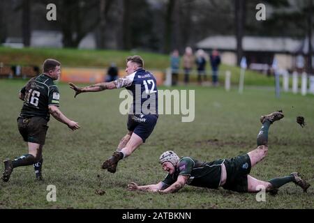 Selkirk, Selkirk RFC, Philiphaugh, UK. , . Booker Border League - Rugby Caption: Selkirk RFC vs Hawick RFC at Philiphaugh, Selkirk on Saturday 01 February 2020. A local derby clash. Henry Bithray [12](Selkirk RFC) evades the chasing tackles from Hawick Callum Renwick [16](Hawick RFC) Final score Selkirk 7 - Hawick 13 ( Credit: Rob Gray/Alamy Live News Stock Photo