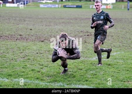 Selkirk, Selkirk RFC, Philiphaugh, UK. , . Booker Border League - Rugby Caption: Selkirk RFC vs Hawick RFC at Philiphaugh, Selkirk on Saturday 01 February 2020. A local derby clash. Mully Bannerman [15](Hawick RFC) goes over for a try Final score Selkirk 7 - Hawick 13 ( Credit: Rob Gray/Alamy Live News Stock Photo