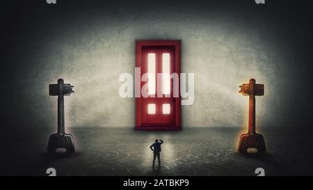 Dilemma concept, man has two options, choosing the magic key to unlock the gigantic door. Difficult decision, correct choice, select right or left. En Stock Photo