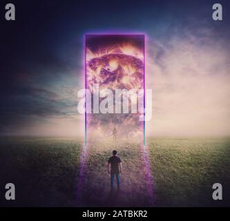 Confident man standing in front of ladder going up to the sky reaching an arrow shaped cloud. Stairway to heaven concept. Business opportunity, concep Stock Photo