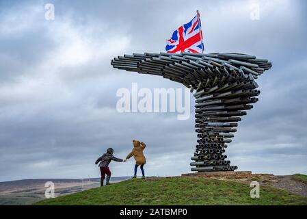 Burnley, Lancashire, UK. 1st Feb, 2020. A very windy day and a flag placed to celebrate Brexit on Burnley's Panopticon, 'Singing Ringing Tree', a unique musical sculpture which overlooks Burnley in Lancashire. In June 2007, Singing Ringing Tree was named winner of a National Award for architectural excellence by the Royal Institute of British Architects. Credit: John Eveson/Alamy Live News Stock Photo