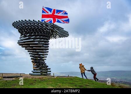 Burnley, Lancashire, UK. 1st Feb, 2020. A very windy day and a flag placed to celebrate Brexit on Burnley's Panopticon, 'Singing Ringing Tree', a unique musical sculpture which overlooks Burnley in Lancashire. In June 2007, Singing Ringing Tree was named winner of a National Award for architectural excellence by the Royal Institute of British Architects. Credit: John Eveson/Alamy Live News Stock Photo