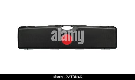 Black plastic hard case for transporting and storing weapons. Gun container isolate on a white background. Stock Photo