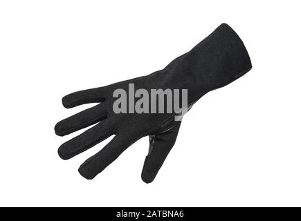 Black fabric gloves with leather inserts isolate on a white background. Mittens for work and everyday wear, for the military and workers. Wrist. Stock Photo