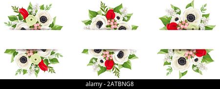 Set of three vector banners with red tulips, white anemone flowers and green leaves on a white background. Stock Vector