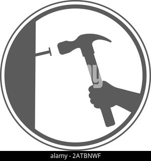 Hand Holding Hammer with nail on wall icon. Hand with hammer flat line illustration, concept vector isolated icon. Stock Vector